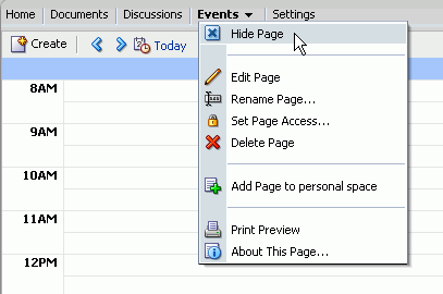 The Hide Page menu command for the Events page