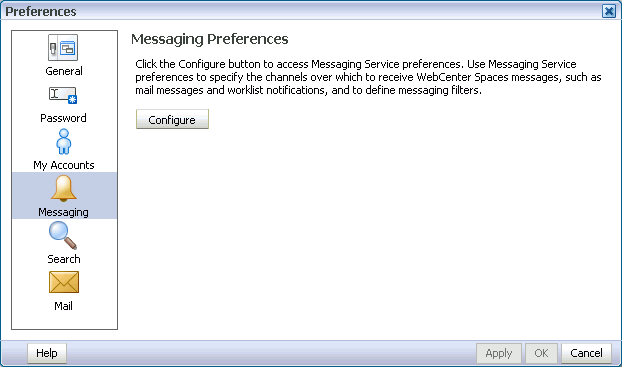 Messaging Preferences panel in the Preferences dialog box