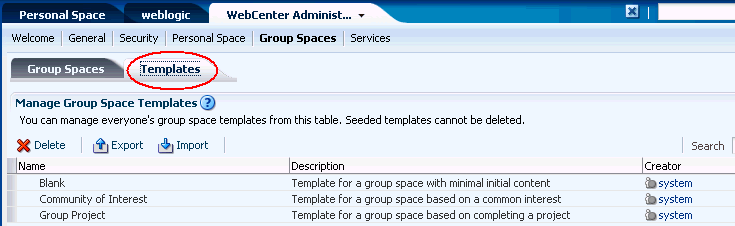 WebCenter Administration - Templates Tab