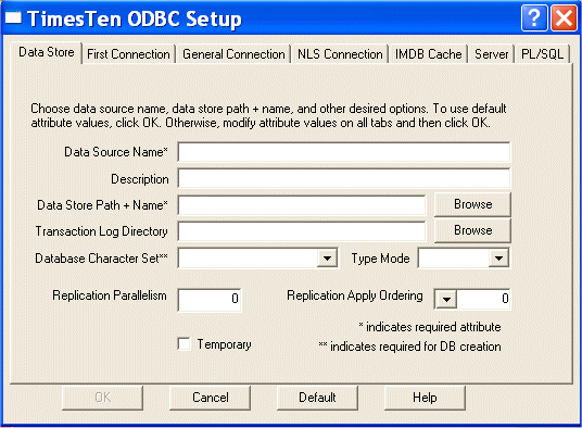 TimesTen ODBC Setup page