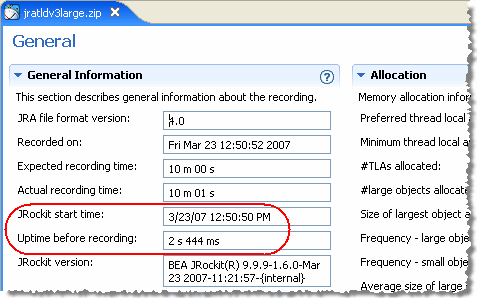 The JRockit JVM start time and uptime before recording