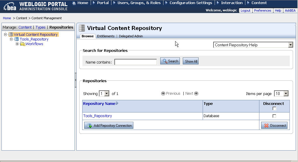 Viewing Repositories Connected to the Virtual Content Repository