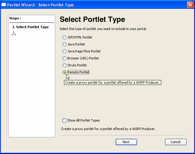 Select Portlet Type Dialog 