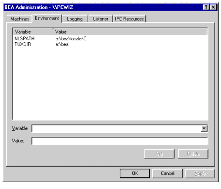 Oracle Administration Window with Environment Page Displayed