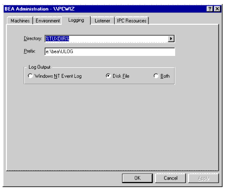 Oracle Administration Window with Logging Page Displayed