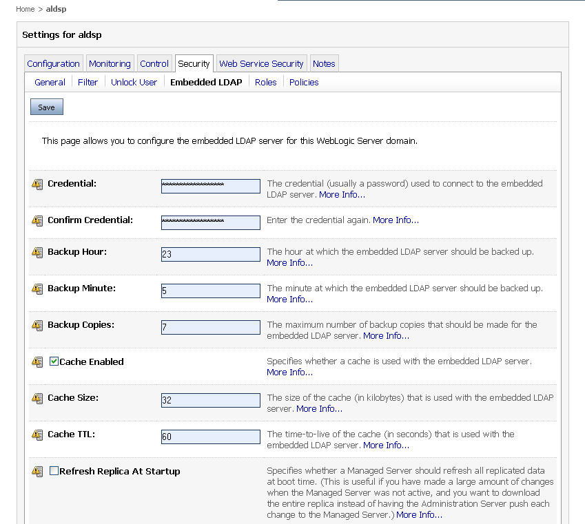 WebLogic Console - Embedded LDAP Security Settings