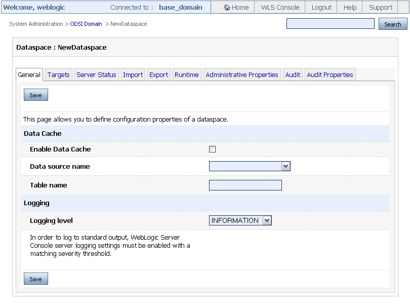 General Dataspace Settings Page
