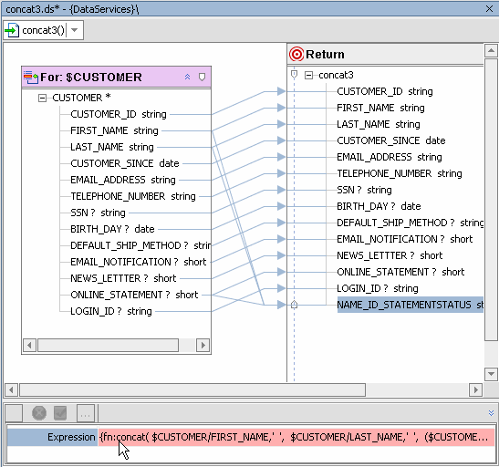 XQuery Editor Work Area After Adding an Element Containing a Function to the Return Type