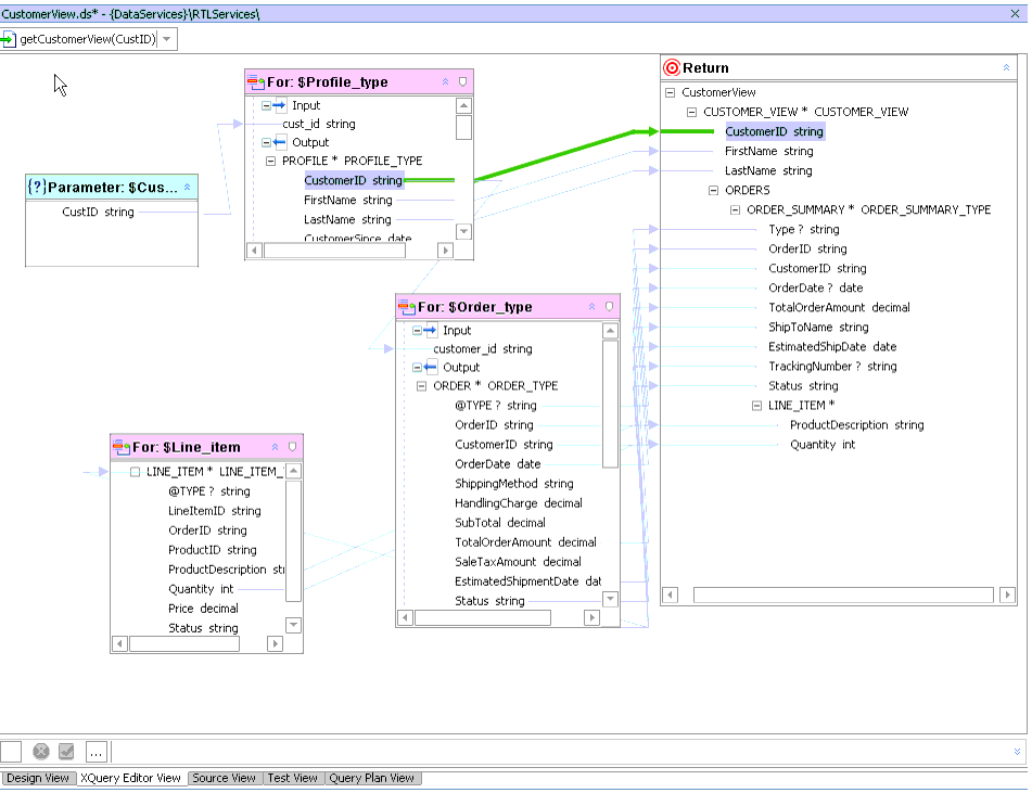 Sample XQuery Editor Query with Its Return Type 