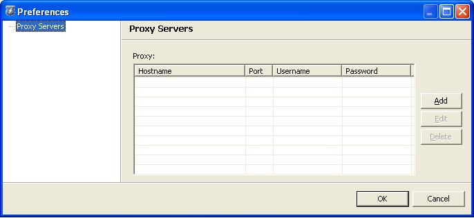 Preferences Proxy Servers Page with No Entries