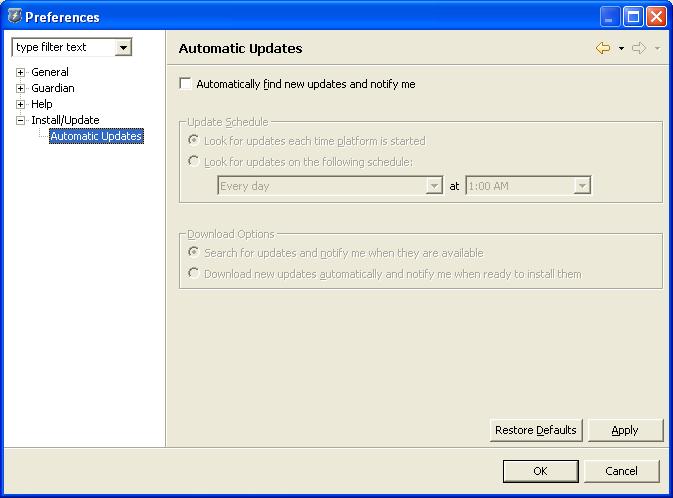 Preferences - Install/Update - Automatic Updates