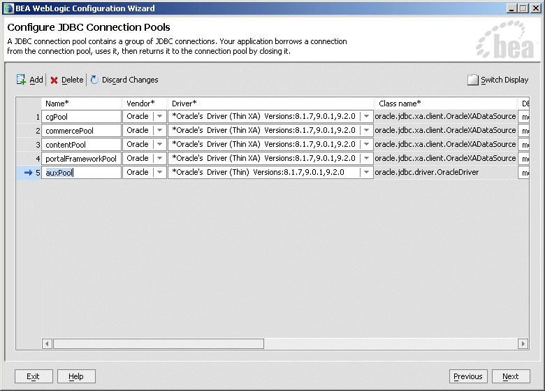 Configure JDBC Connection Pools window
