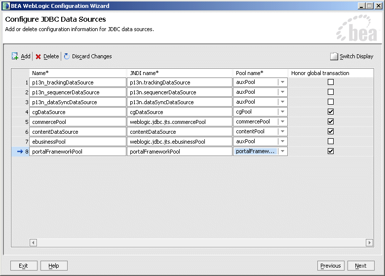 Configure JDBC Data Sources window