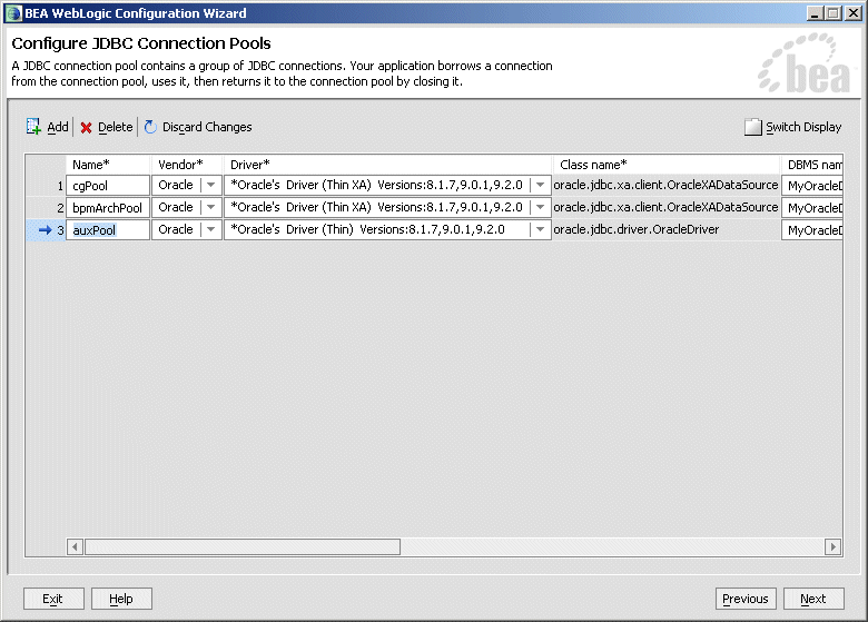 Configure JDBC Connection Pools window