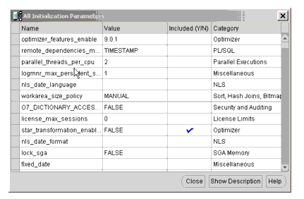 Oracle Initialization Parameters Screen