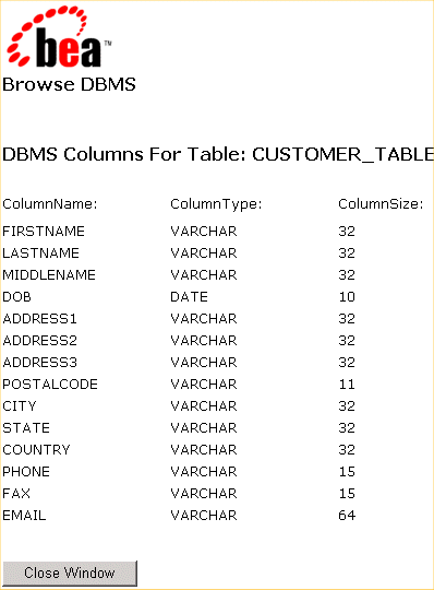 Browse DBMS for Table Page