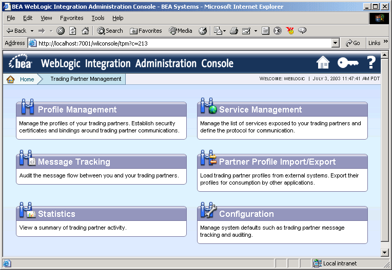 Trading Partner Management in the WebLogic Integration Administration Console