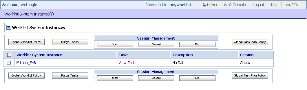 View Task Home Page for User weblogic 