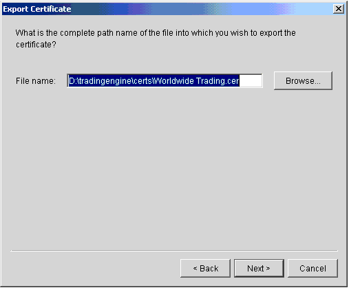 Export Certificate File Name and Path Window