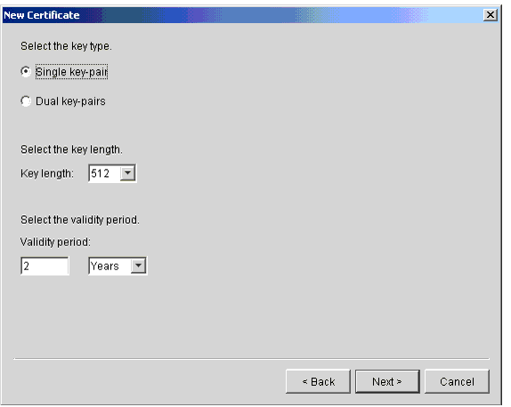 New Certificate Wizard, Select Key Type Window