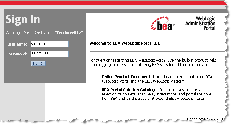 WebLogic Administration Portal Sign In Page