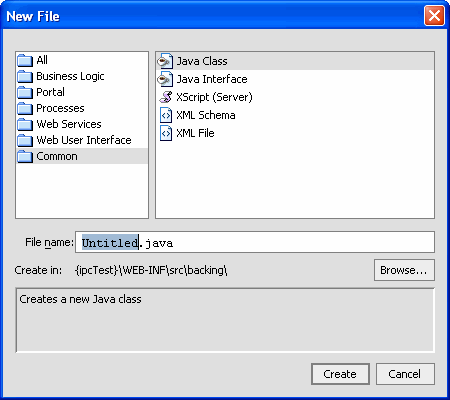 New File Dialog Box; Common and Java Class Selected