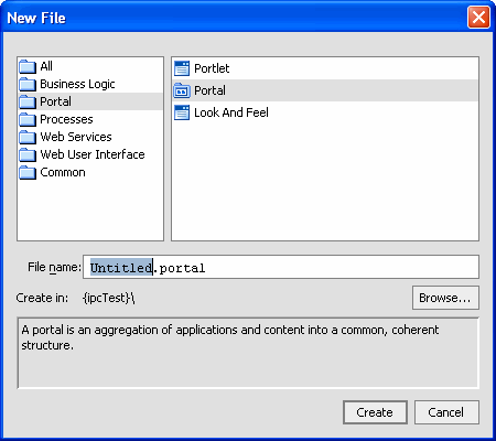 New File Dialog Box Configured for Creating a New Portal