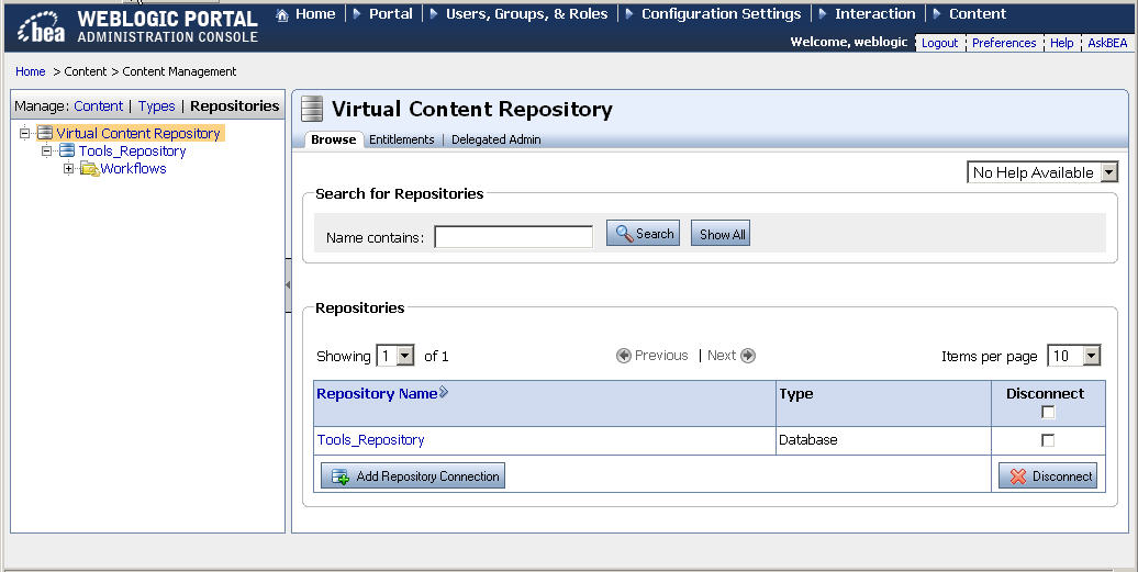Browse Tab within the Manage Repositories Window