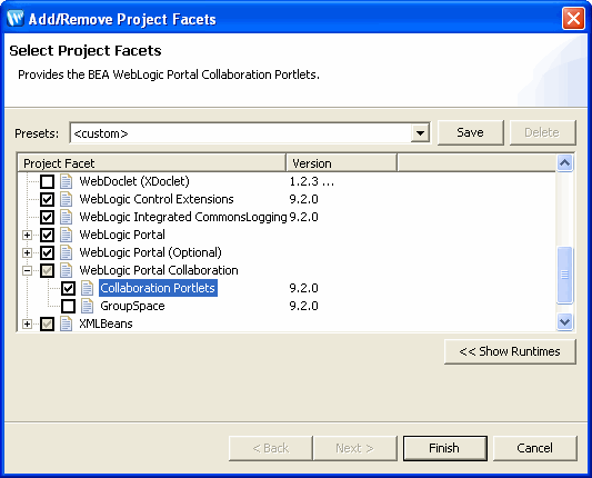 Example Add/Remove Project Facets Dialog with Collaboration Portlets Selected