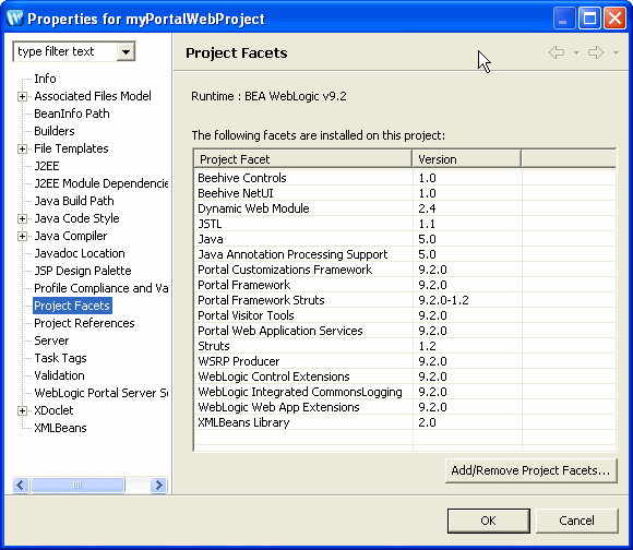Example Properties Dialog Displaying Installed Project Facets