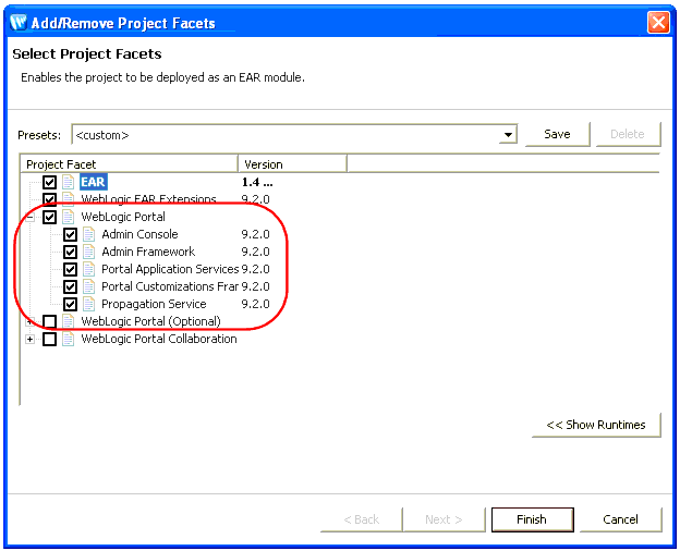 Select Project Facets Dialog with WebLogic Portal Facet Selected (and Expanded)