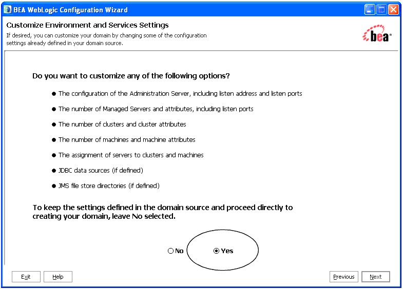 Customize Environment and Services Settings Window