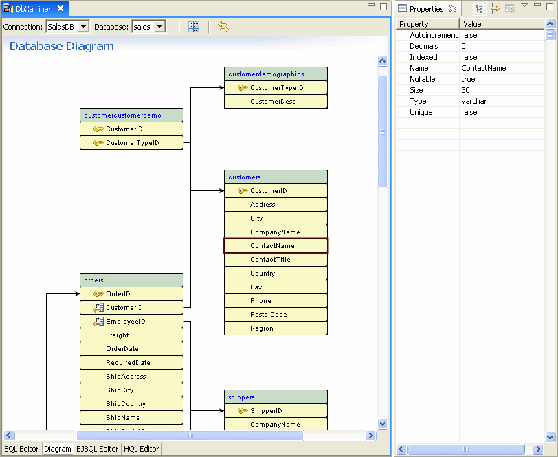 Click a column name to view its properties