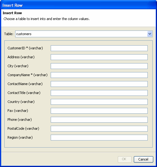 Complete the Insert Row dialog with new column values