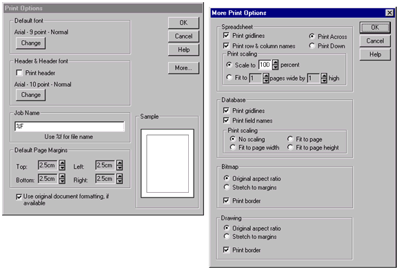 Screen images of the Print Options dialogs