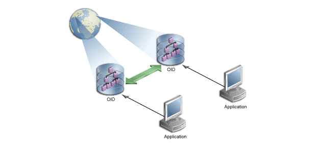 Technical illustration showing geographically separated replicas of Oracle Internet Directory