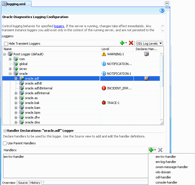 Overview Editor for Oracle Diagnostic Logging Configuration