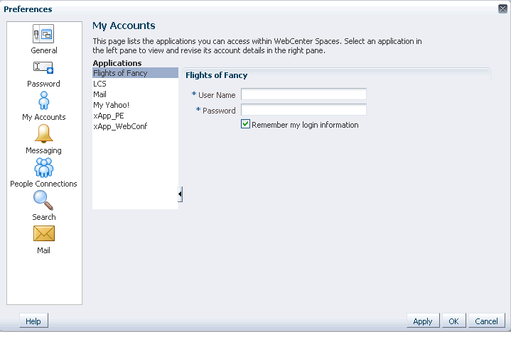 My Accounts panel in the Preferences dialog