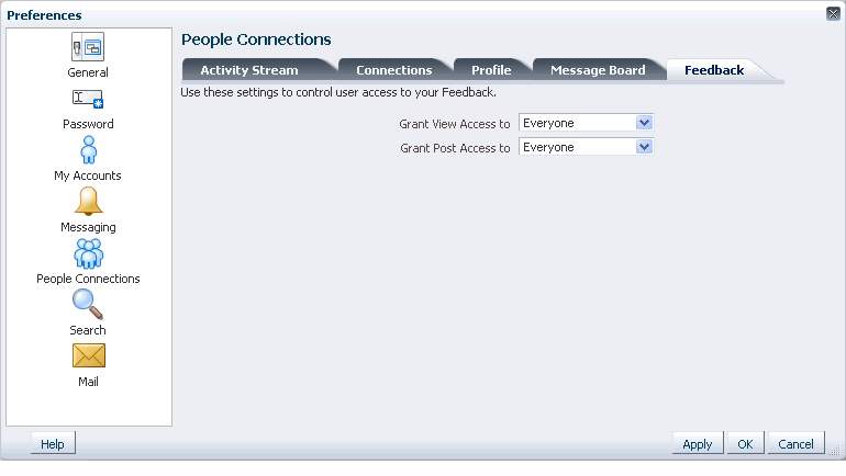 Feedback tab on the People Connections Preferences panel