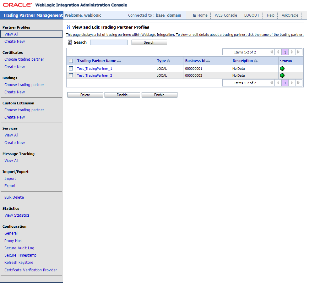 Trading Partner Management in the Oracle WebLogic Integration Administration Console