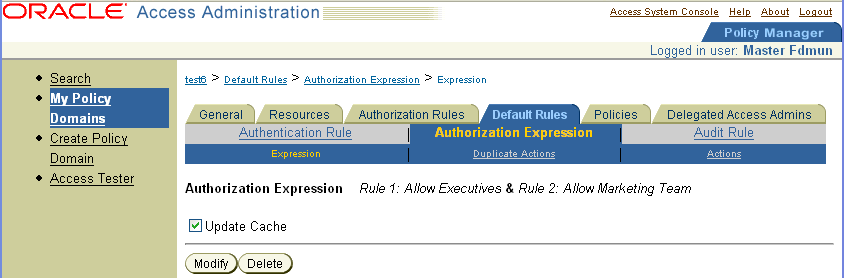 Expression name and value for the policy domain