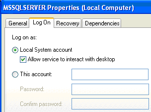 This shows the log on properties