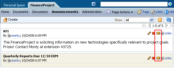 Send mail icons on announcement toolbars