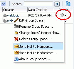 Group Space Actions menu