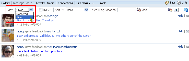 View menu options on the Feedback page