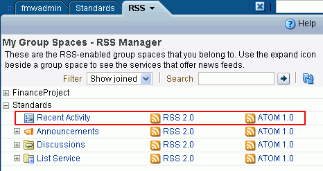 Recent Activity service in the RSS Manager