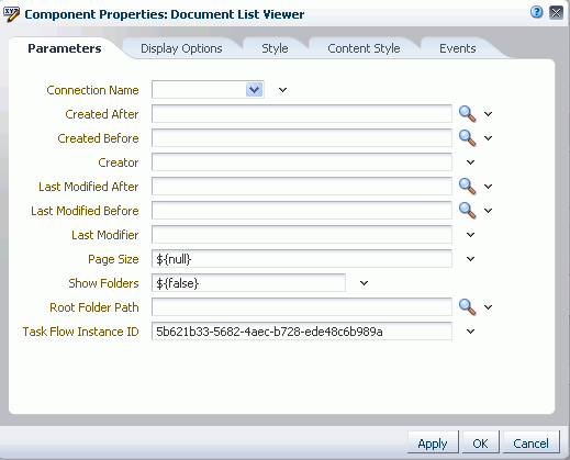 Document List Viewer Task Flow Component Properties