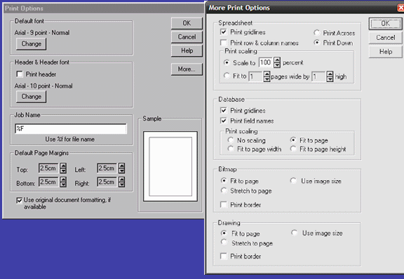 Screen images of the Print Options dialogs