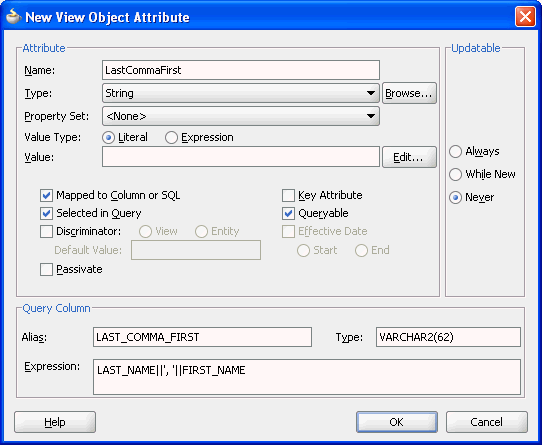 Image of New View Object Attribute dialog