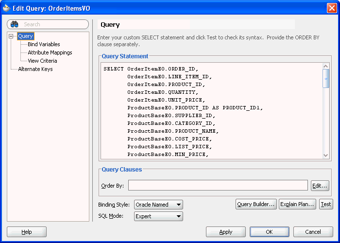 Image of SQL Statement page of View Object editor